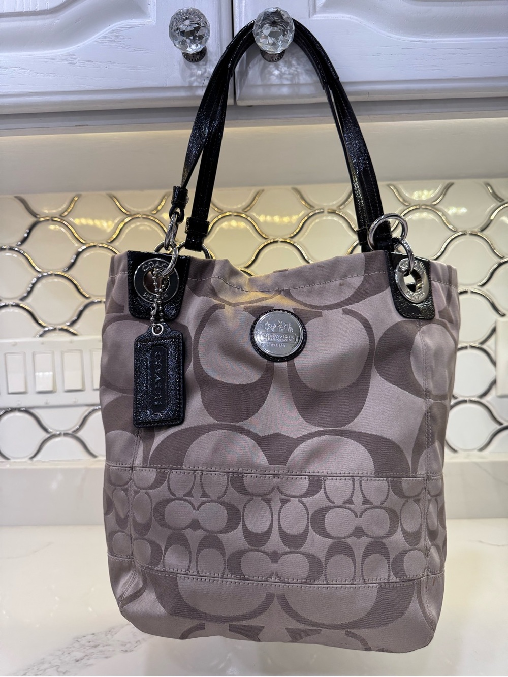 Vintage Coach Sateen Signature Logo Tote w/ Silver Hardware and Patent Leather